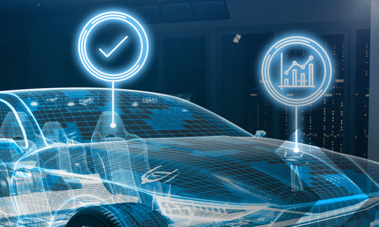 Futuristic digital rendering of a car with technology icons floating above, representing vehicle safety, performance, and analytics, as a technician analyzes data on a tablet.