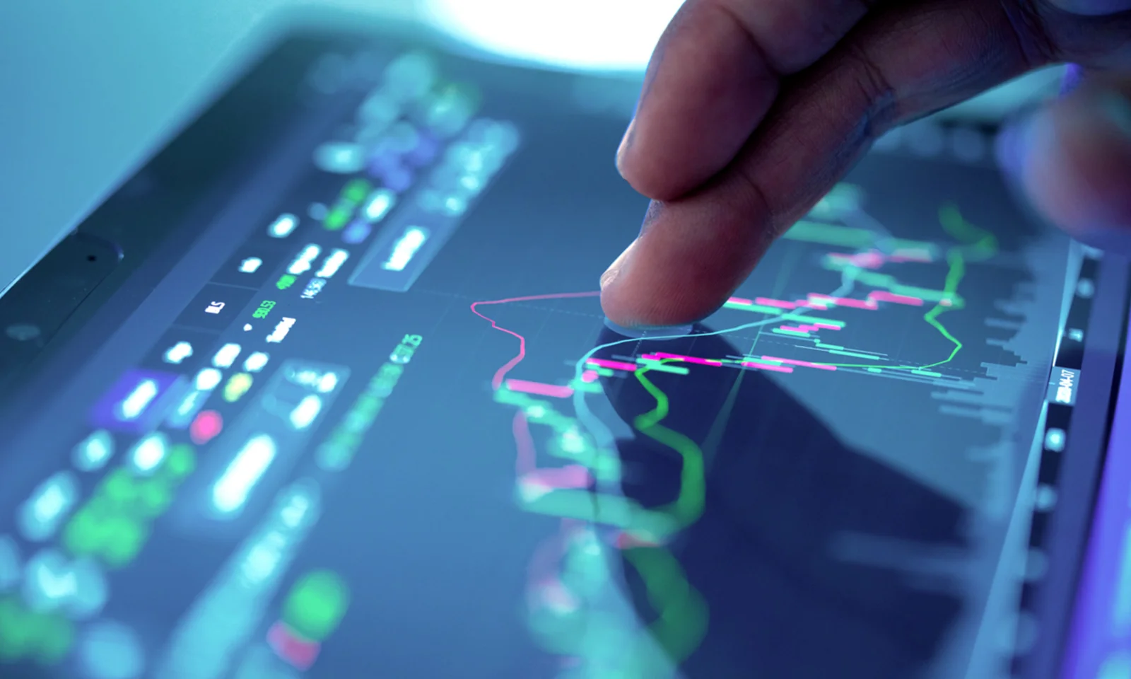 Key visual image representing share analysis with a close-up of a person interacting with a digital graph on a touchscreen.