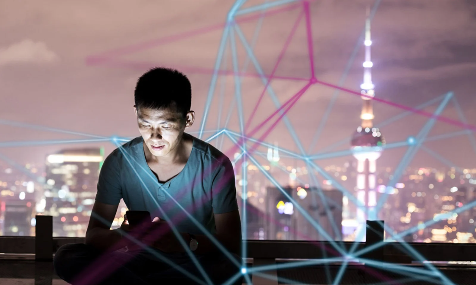 A man using a mobile device with digital network lines superimposed, symbolising blockchain technology and global digital connectivity with a city skyline in the background.