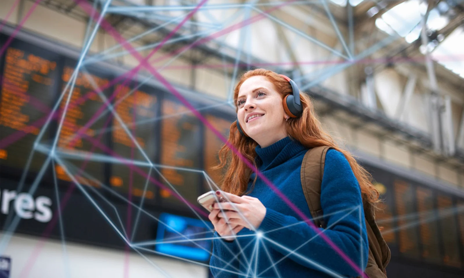 A young woman with headphones using a smartphone in a modern setting, surrounded by abstract digital network lines, symbolising the future of digital innovation and immutability.