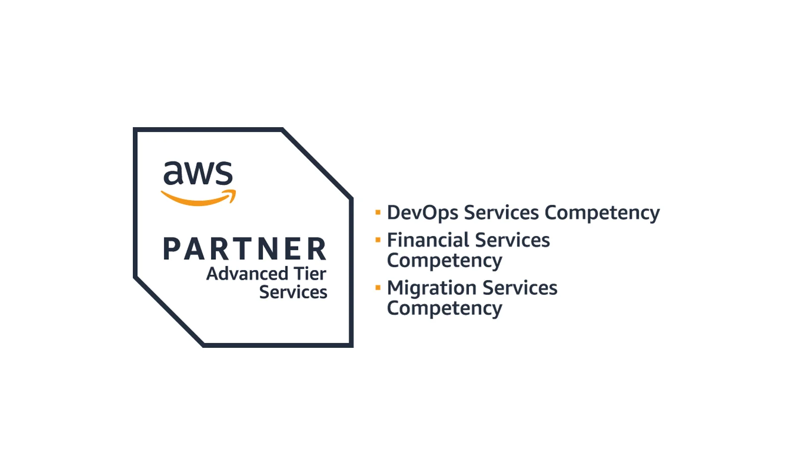 AWS Partner Advanced Tier Services Badge with AWS logo and text listing DevOps Services Competency, Financial Services Competency, and Migration Services Competency.