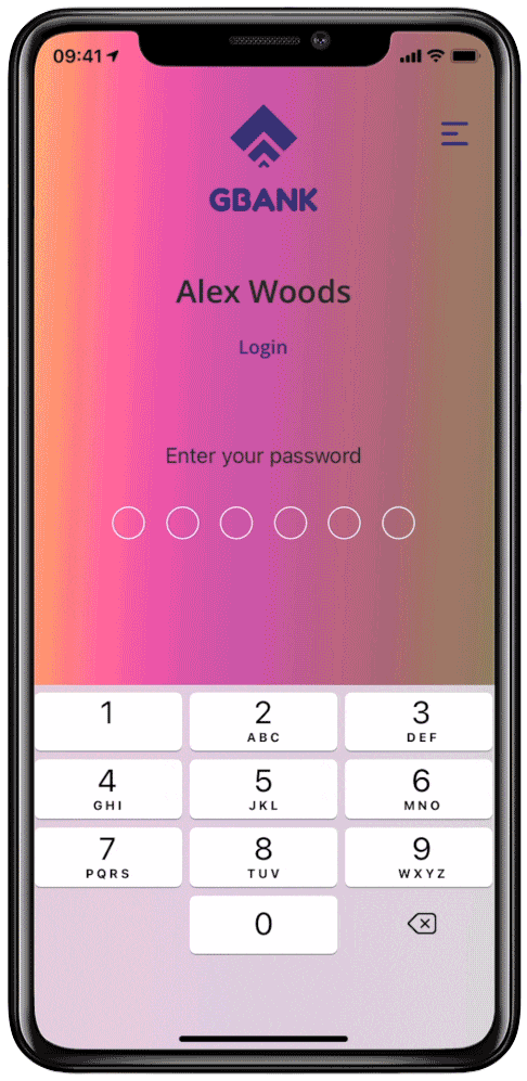 Animated demonstration of the BankLiteX mobile banking app login screen on a smartphone. The screen shows a password entry interface for user Alex Woods, featuring a gradient background and the GBank logo at the top.