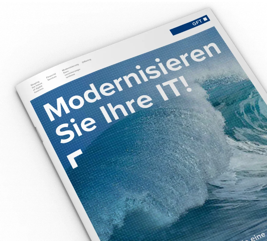 Ein Factsheetcover mit dem Titel &quot;Modernisieren Sie Ihre IT&quot;. Das Cover zeigt eine moderne Gestaltung, die Wellen darstellt.