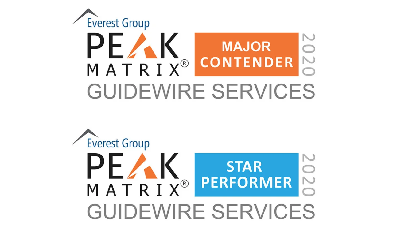 Image showcasing GFT&#039;s recognition as a Major Contender and Star Performer in the 2020 Everest Group PEAK Matrix for Guidewire Services. The badges feature distinct orange and blue labels with the PEAK Matrix logo.