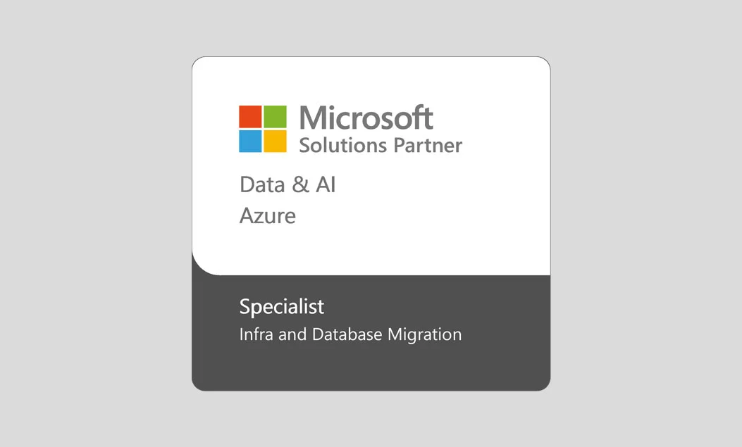 This image is a certification badge for the Microsoft Solutions Partner specialization in Data &amp; AI with a focus on Azure. The badge is rectangular with rounded corners, divided into two sections. The upper section features the Microsoft logo and text &quot;Microsoft Solutions Partner Data &amp; AI Azure&quot; on a white background. The lower section, with a dark gray background, reads &quot;Specialist Infra and Database Migration.&quot;