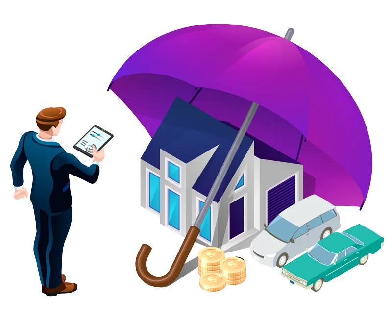 An isometric illustration featuring a business professional with a tablet, standing next to a house, cars, coins, and an umbrella, symbolizing insurance coverage and financial security.