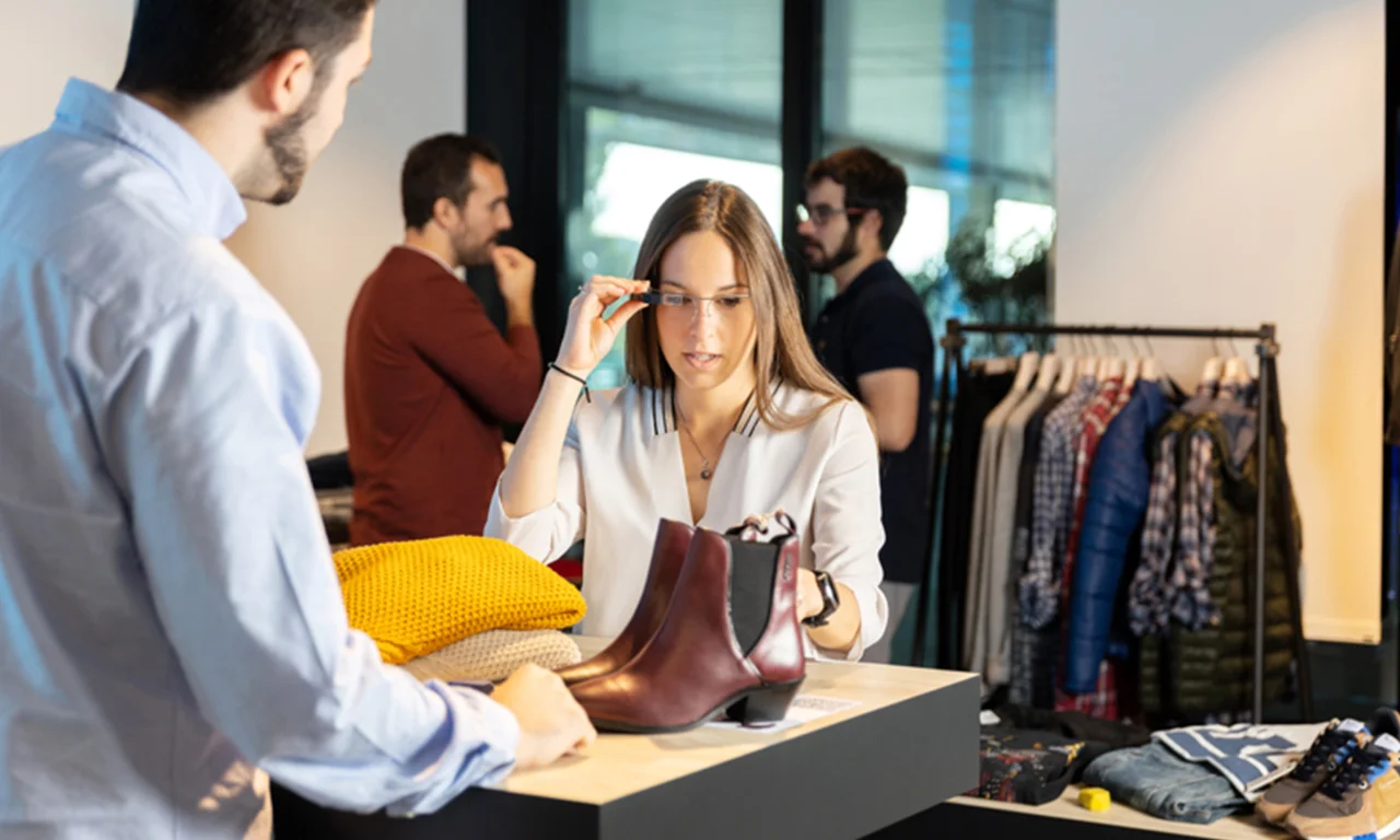 A retail shop setup in an innovation lab where a woman is using smart glasses to examine a pair of boots, with various clothing items and people in the background.