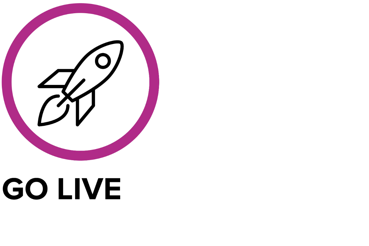 Go Live icon with a rocket symbol and two right arrows in a pink color scheme, used for the GFT Innovation Lab.