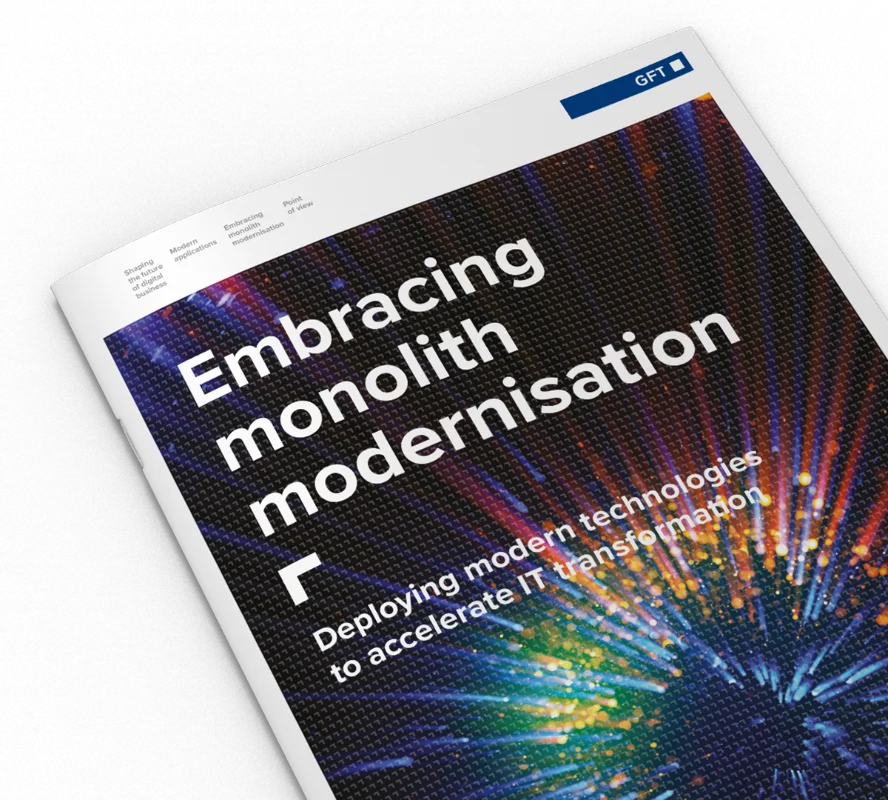 A mockup of a whitepaper titled &quot;Embracing Monolith Modernisation,&quot; featuring a dynamic image of bright, colourful light patterns radiating outward.