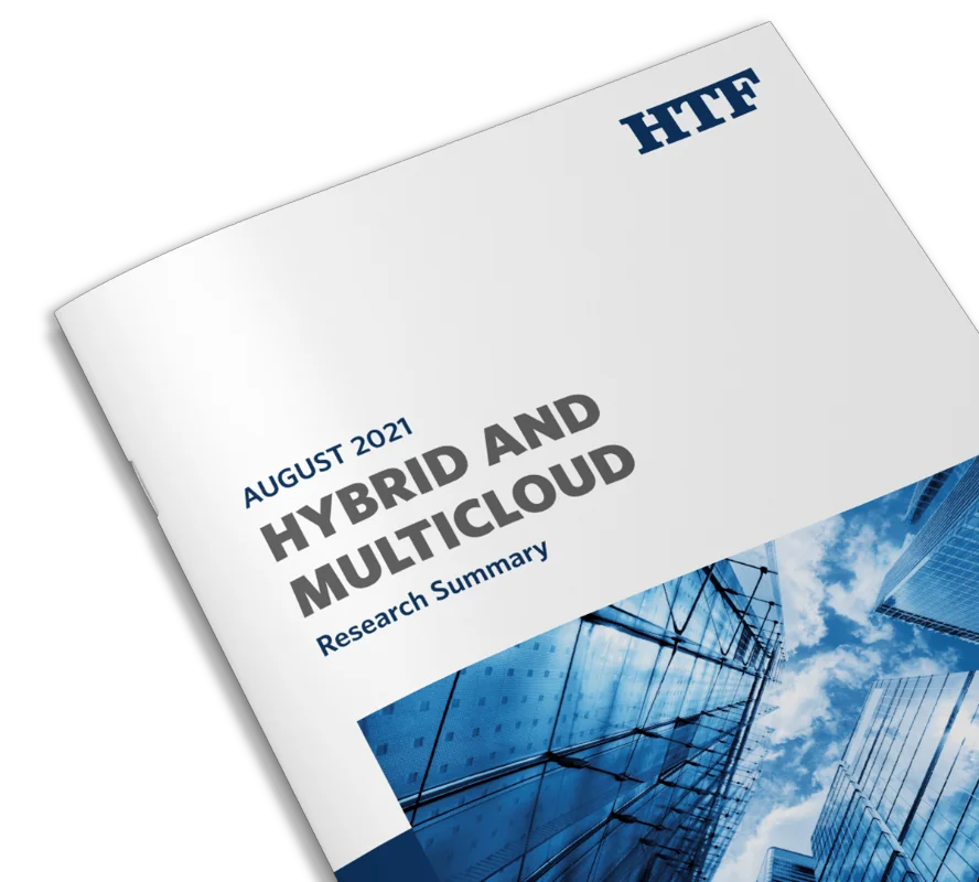 A close-up of an HTF publication titled &quot;Hybrid and Multicloud Research Summary - August 2021,&quot; featuring a cover image of modern skyscrapers against a blue sky.