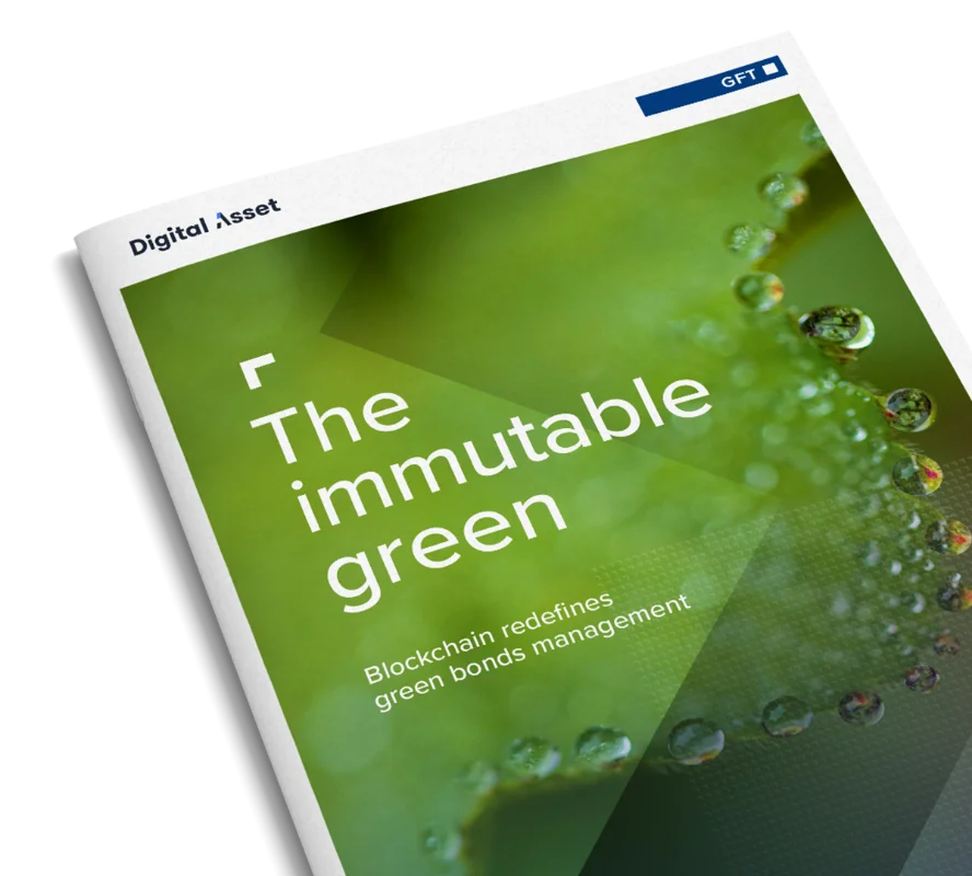 Eine Nahaufnahme einer GFT-Publikation mit dem Titel „The Immutable Green“, die sich darauf konzentriert, wie die Blockchain-Technologie das Management von grünen Anleihen neu definiert, mit einem Bild von Wassertropfen auf einem grünen Blatt.